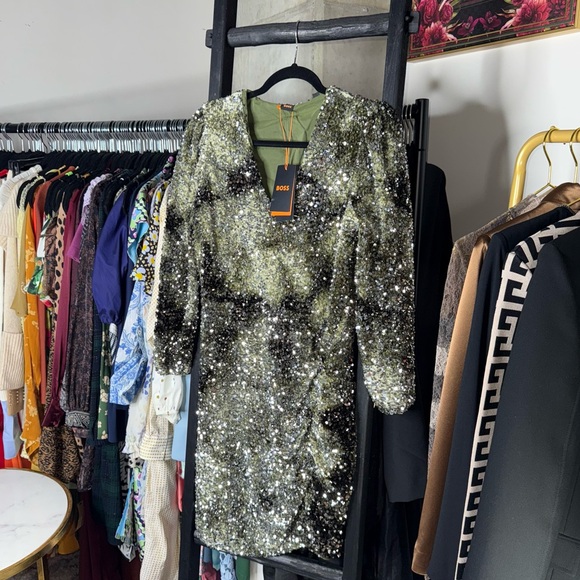 BOSS Orange Dailetta Sequin Long Sleeve Cocktail Dress - Picture 4 of 14